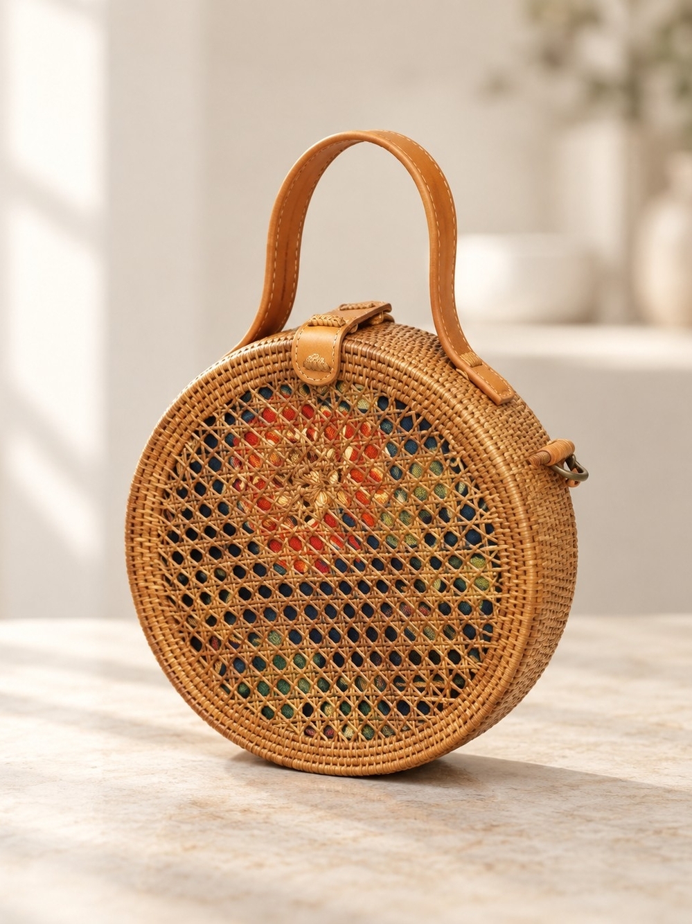 Round Woven Rattan Handbag in Tan